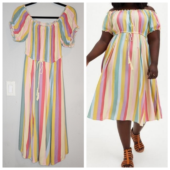 Torrid Midi Challis Off-Shoulder Dress Rainbow Stripe Stretch Size 0 Lrg pockets - Picture 1 of 16